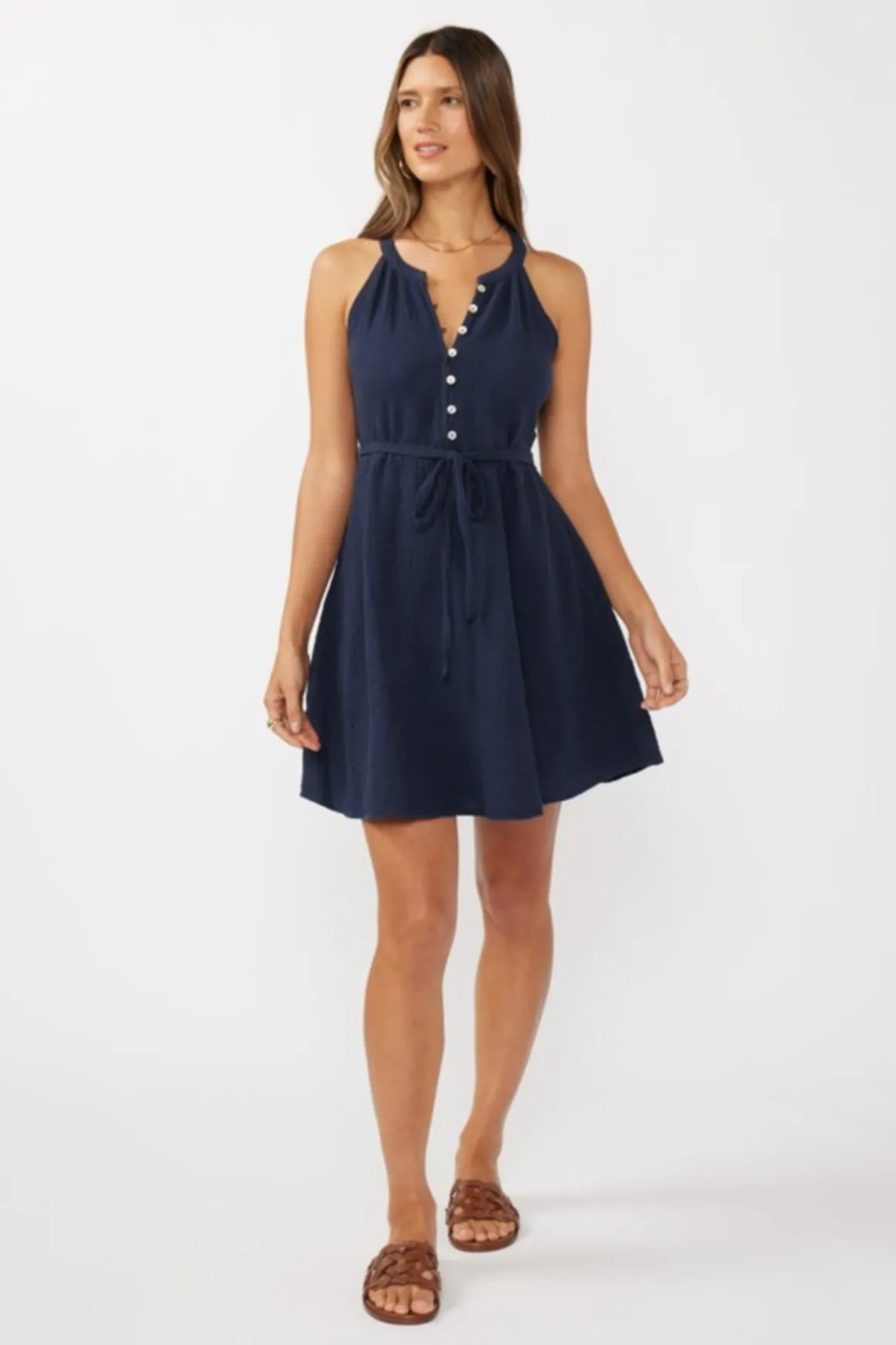 Clara Sleeveless Waist Tie Gauze Mini Dress Navy