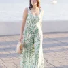Coco Sleeveless Tropical Print Wide Leg Jumpsuit Green