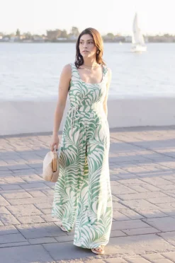 Coco Sleeveless Tropical Print Wide Leg Jumpsuit Green