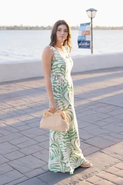 Coco Sleeveless Tropical Print Wide Leg Jumpsuit Green