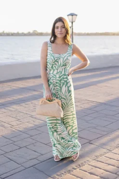 Coco Sleeveless Tropical Print Wide Leg Jumpsuit Green