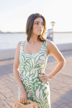 Coco Sleeveless Tropical Print Wide Leg Jumpsuit Green