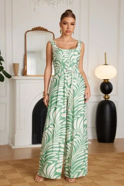 Coco Sleeveless Tropical Print Wide Leg Jumpsuit Green