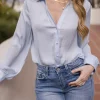 Colleen Long Sleeve Button Down Satin Top Blue