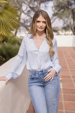 Colleen Long Sleeve Button Down Satin Top Blue