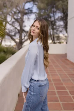 Colleen Long Sleeve Button Down Satin Top Blue