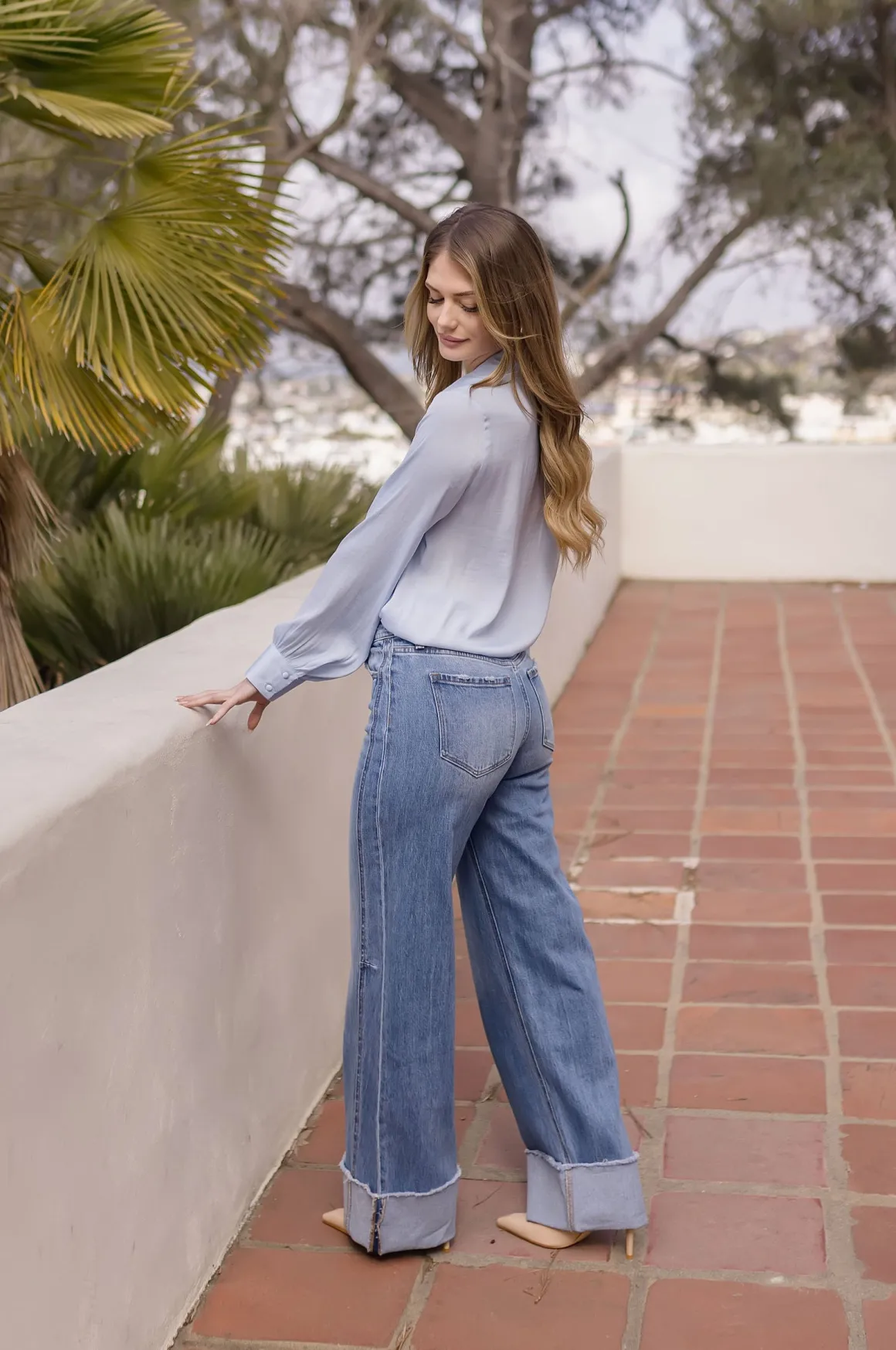Colleen Long Sleeve Button Down Satin Top Blue