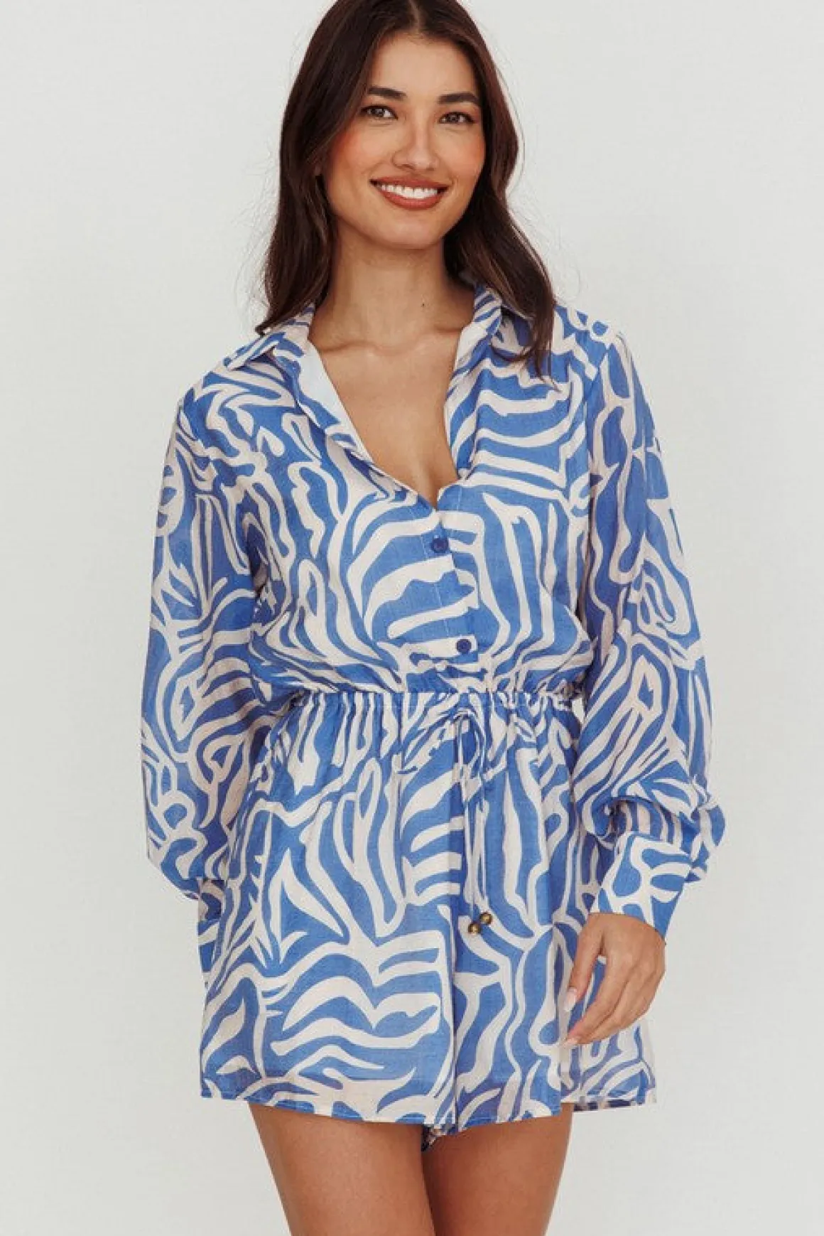 Collins Long Sleeve Mosaic Print Romper Blue