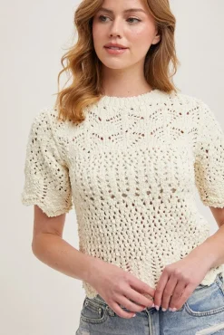 Dakota Short Sleeve Open Crochet Knit Sweater Top Cream
