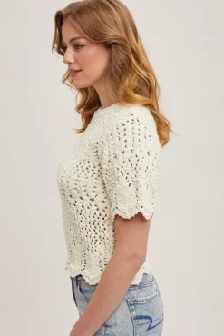 Dakota Short Sleeve Open Crochet Knit Sweater Top Cream