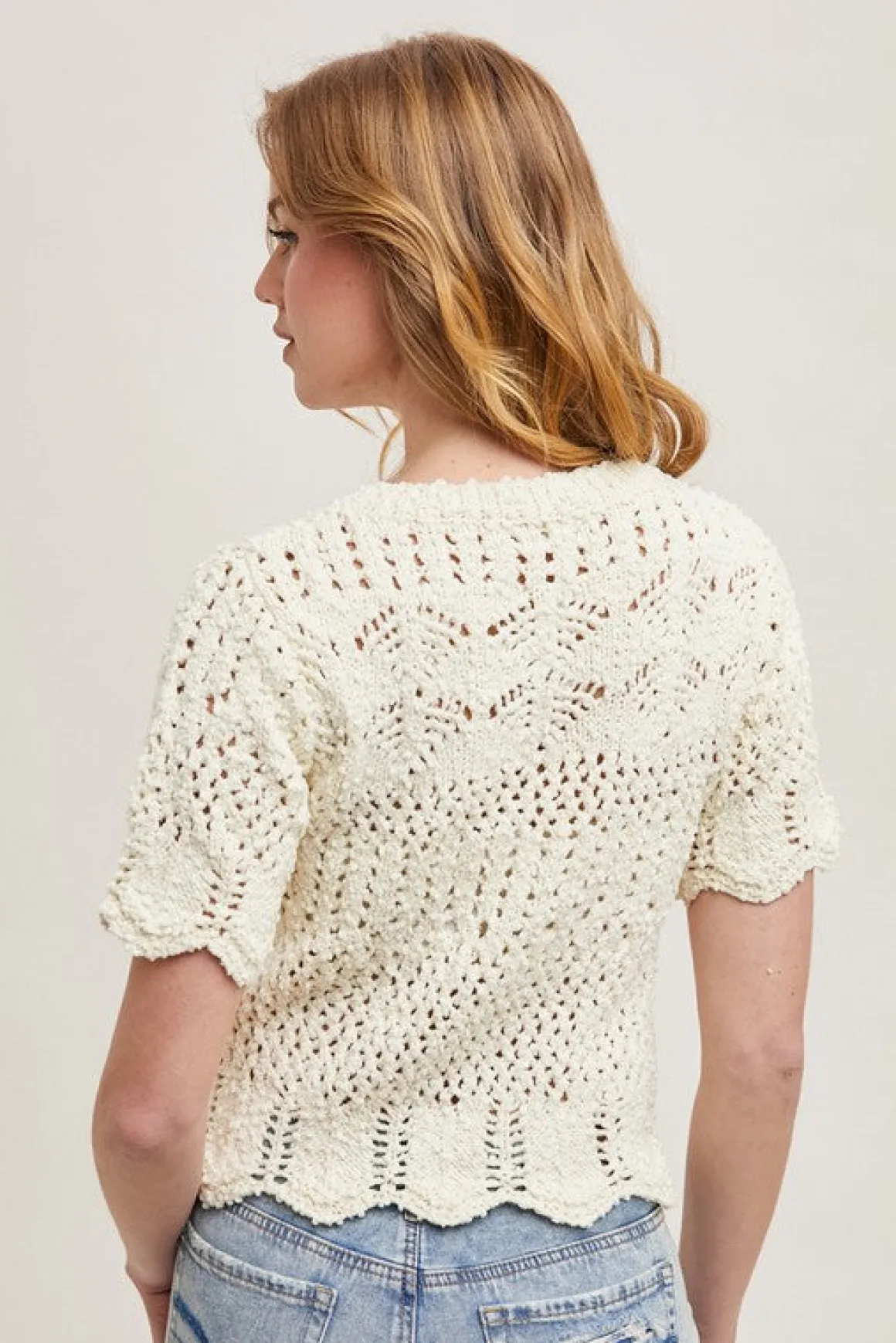 Dakota Short Sleeve Open Crochet Knit Sweater Top Cream