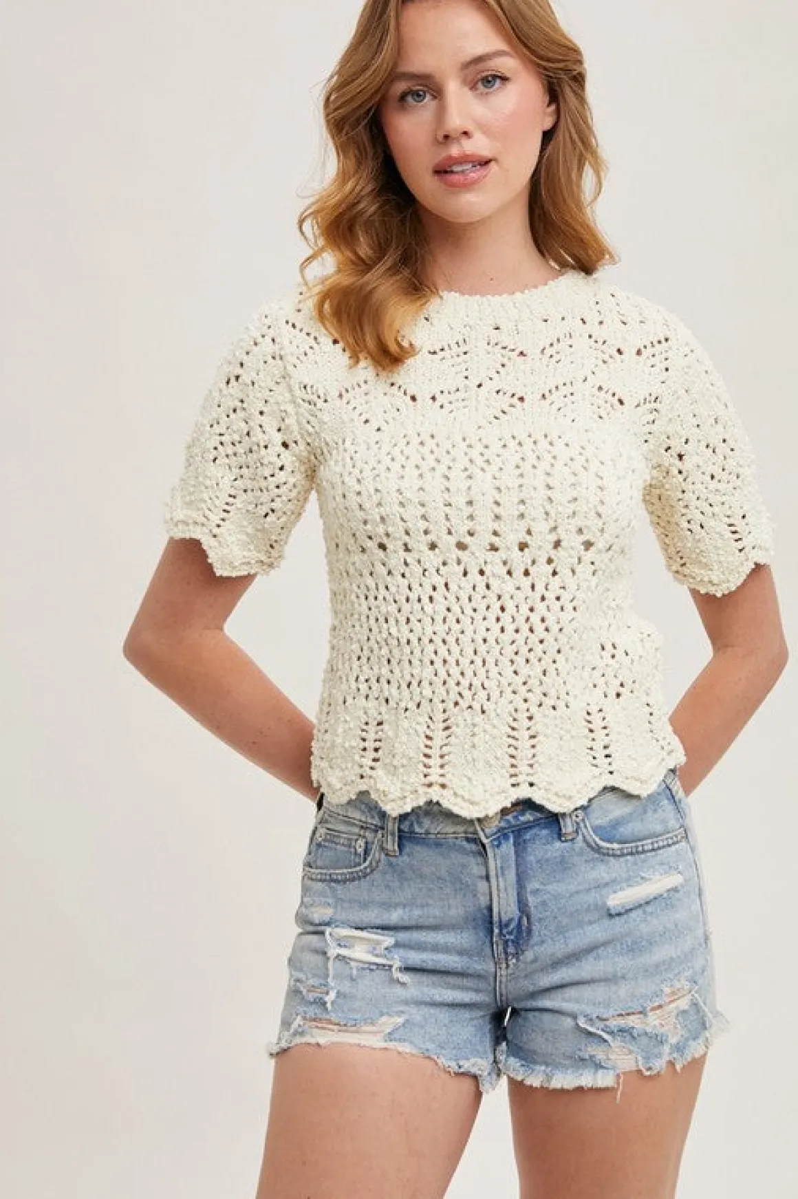 Dakota Short Sleeve Open Crochet Knit Sweater Top Cream