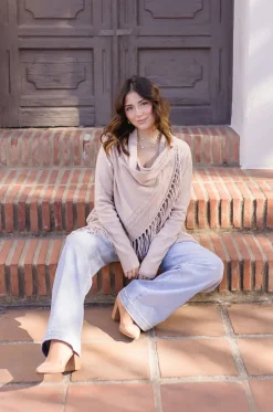 Dallas Long Sleeve Cowl Neck Fringe Cardigan Tan