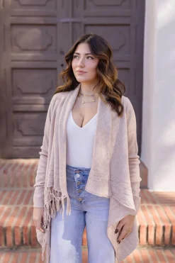 Dallas Long Sleeve Cowl Neck Fringe Cardigan Tan
