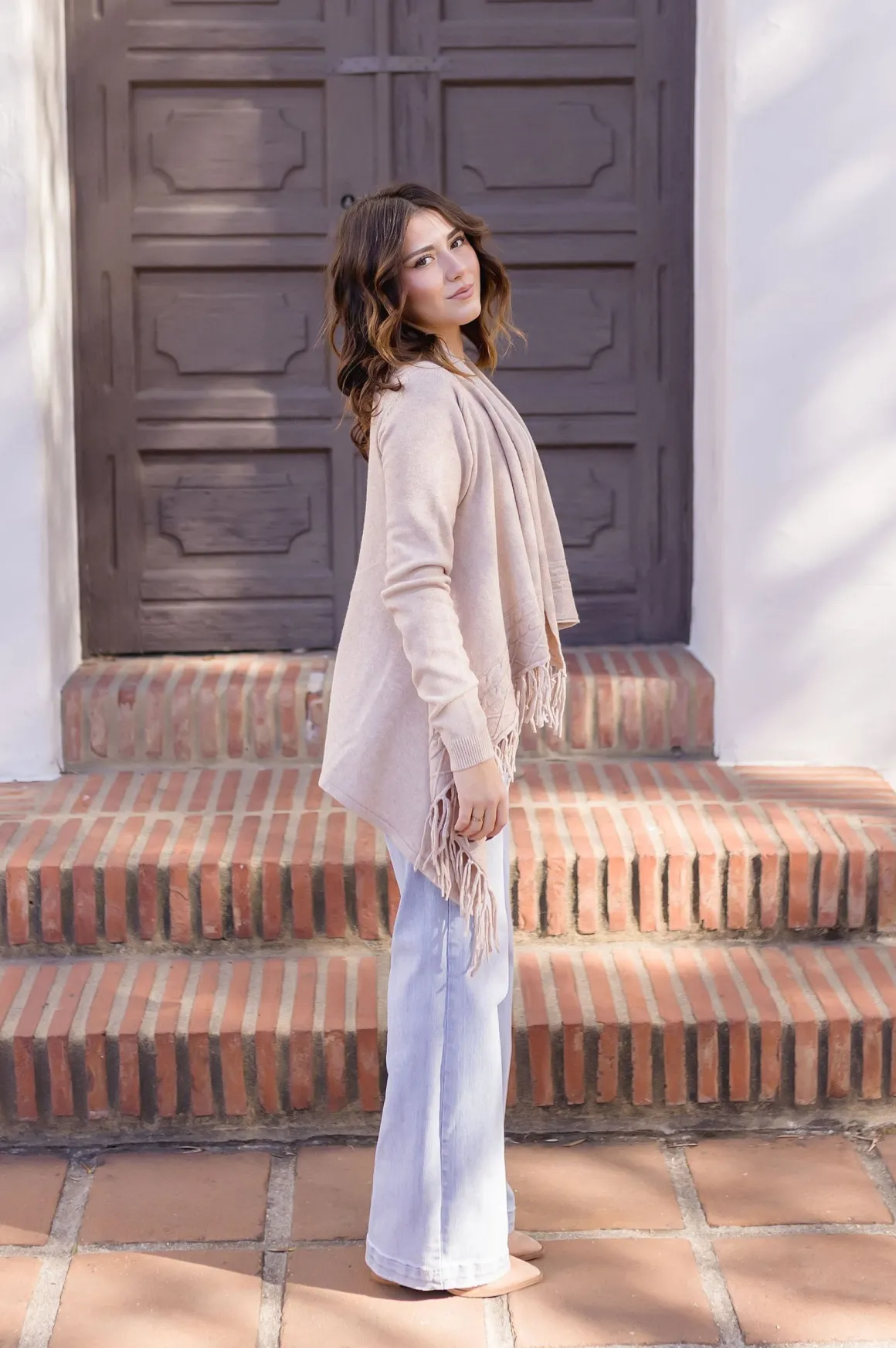 Dallas Long Sleeve Cowl Neck Fringe Cardigan Tan