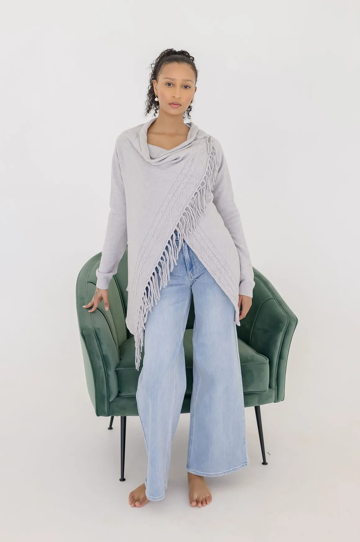 Dallas Long Sleeve Cowl Neck Fringe Cardigan Grey