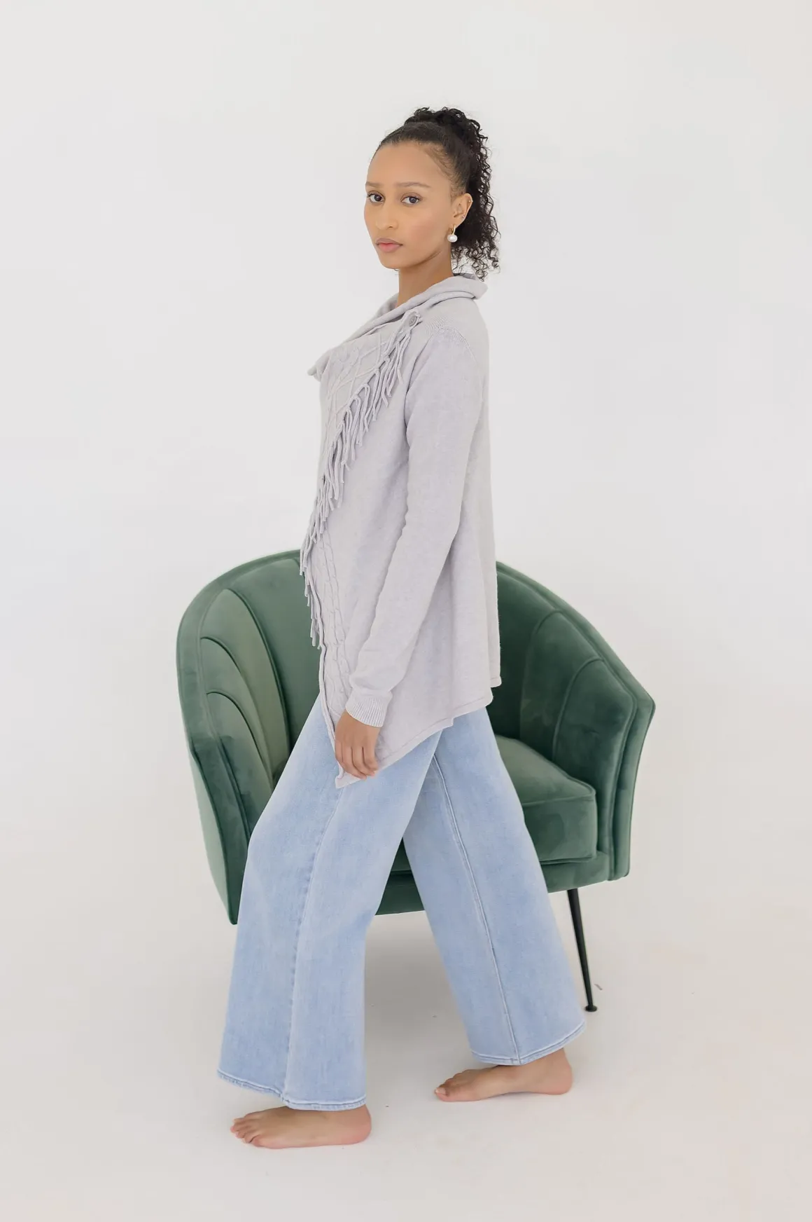 Dallas Long Sleeve Cowl Neck Fringe Cardigan Grey