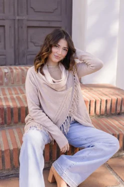 Dallas Long Sleeve Cowl Neck Fringe Cardigan Tan