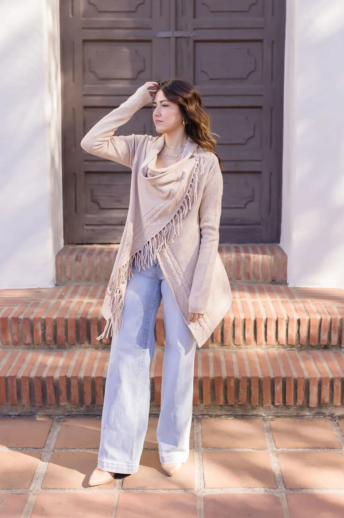 Dallas Long Sleeve Cowl Neck Fringe Cardigan Tan