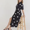 Dani Short Sleeve Belted Polka Dot Print Midi Dress Black