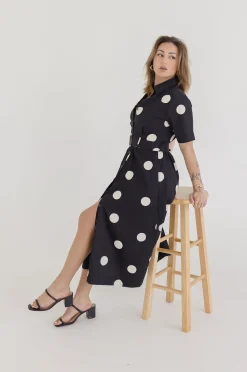 Dani Short Sleeve Belted Polka Dot Print Midi Dress Black