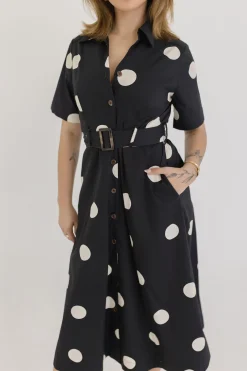 Dani Short Sleeve Belted Polka Dot Print Midi Dress Black