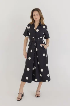 Dani Short Sleeve Belted Polka Dot Print Midi Dress Black