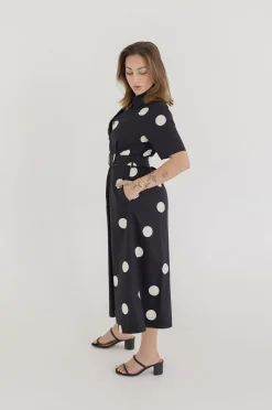 Dani Short Sleeve Belted Polka Dot Print Midi Dress Black