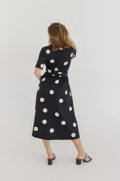 Dani Short Sleeve Belted Polka Dot Print Midi Dress Black