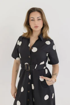 Dani Short Sleeve Belted Polka Dot Print Midi Dress Black
