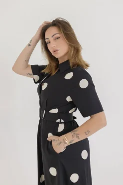 Dani Short Sleeve Belted Polka Dot Print Midi Dress Black