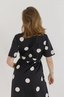 Dani Short Sleeve Belted Polka Dot Print Midi Dress Black
