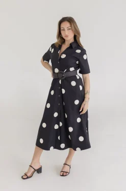 Dani Short Sleeve Belted Polka Dot Print Midi Dress Black
