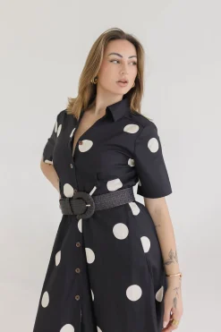 Dani Short Sleeve Belted Polka Dot Print Midi Dress Black