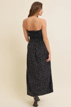 Darcy Sleeveless Ruched Polka Dot Print Maxi Dress Black