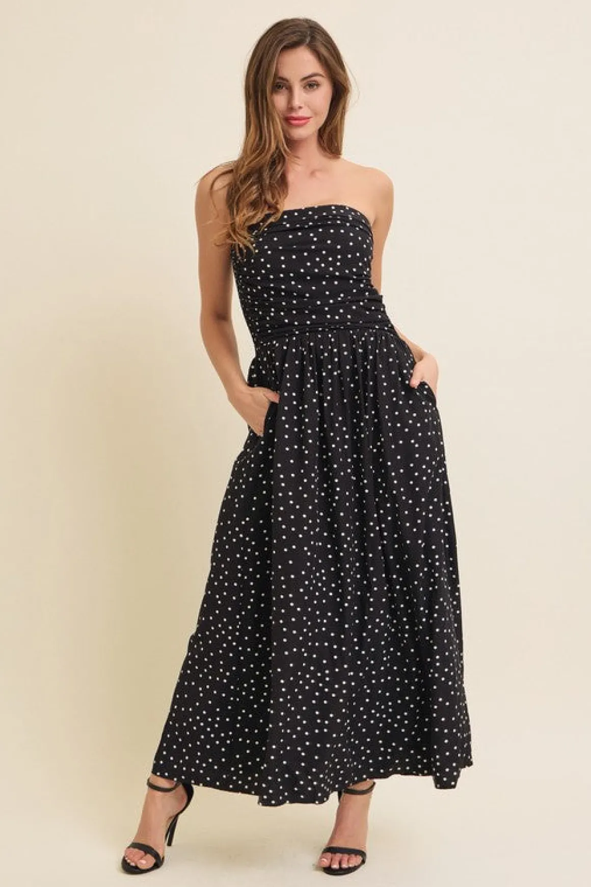 Darcy Sleeveless Ruched Polka Dot Print Maxi Dress Black