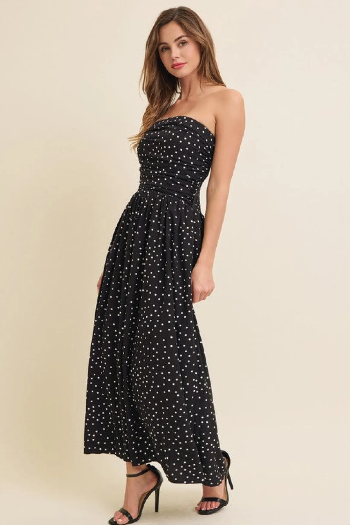 Darcy Sleeveless Ruched Polka Dot Print Maxi Dress Black