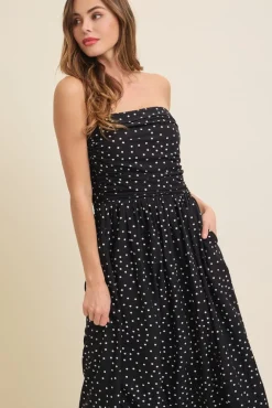 Darcy Sleeveless Ruched Polka Dot Print Maxi Dress Black