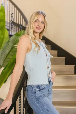 Dawn Sleeveless Front Tie Sweater Top Blue