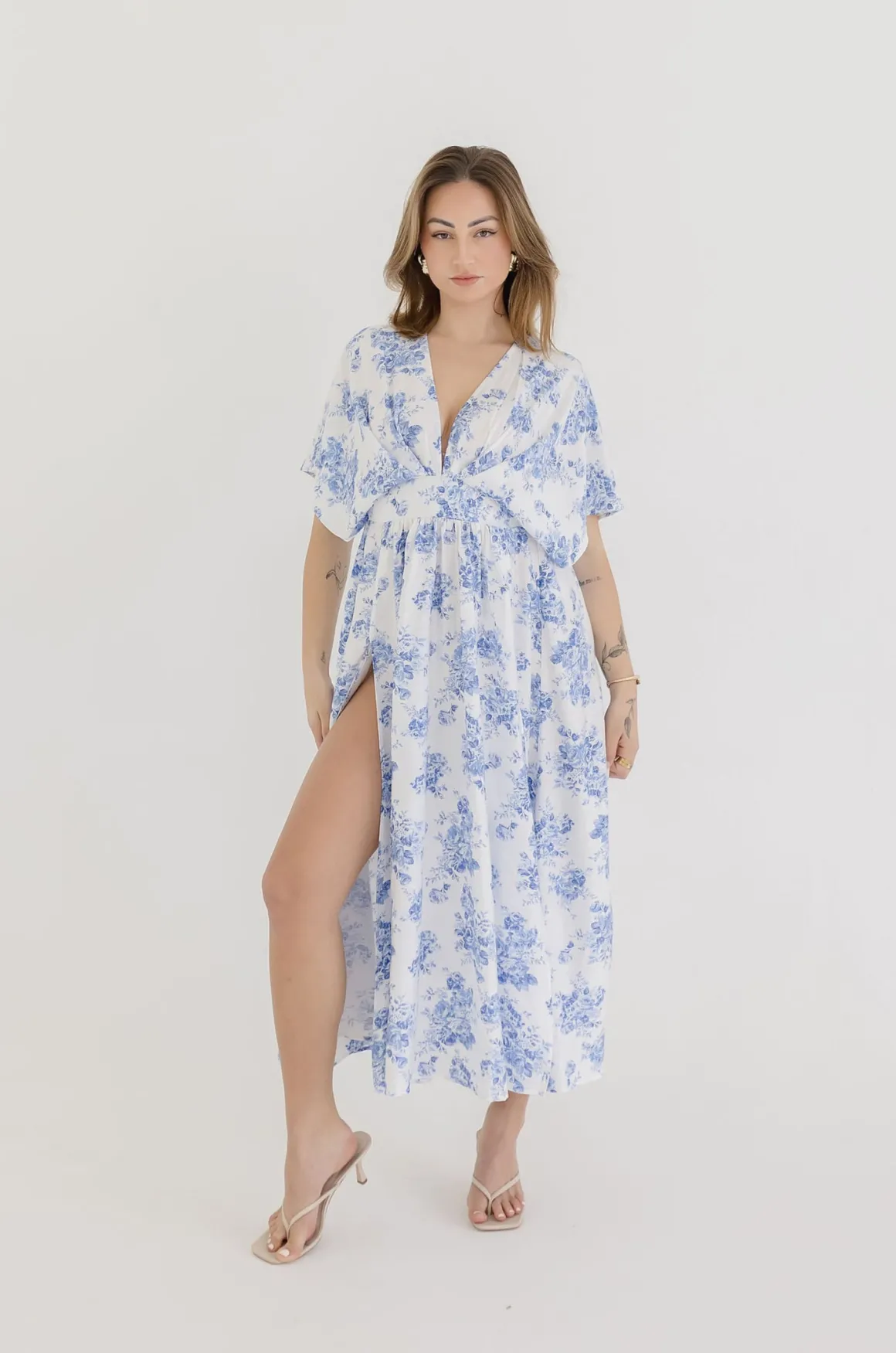 Debbie Kimono Sleeve Floral Print Maxi Dress Blue