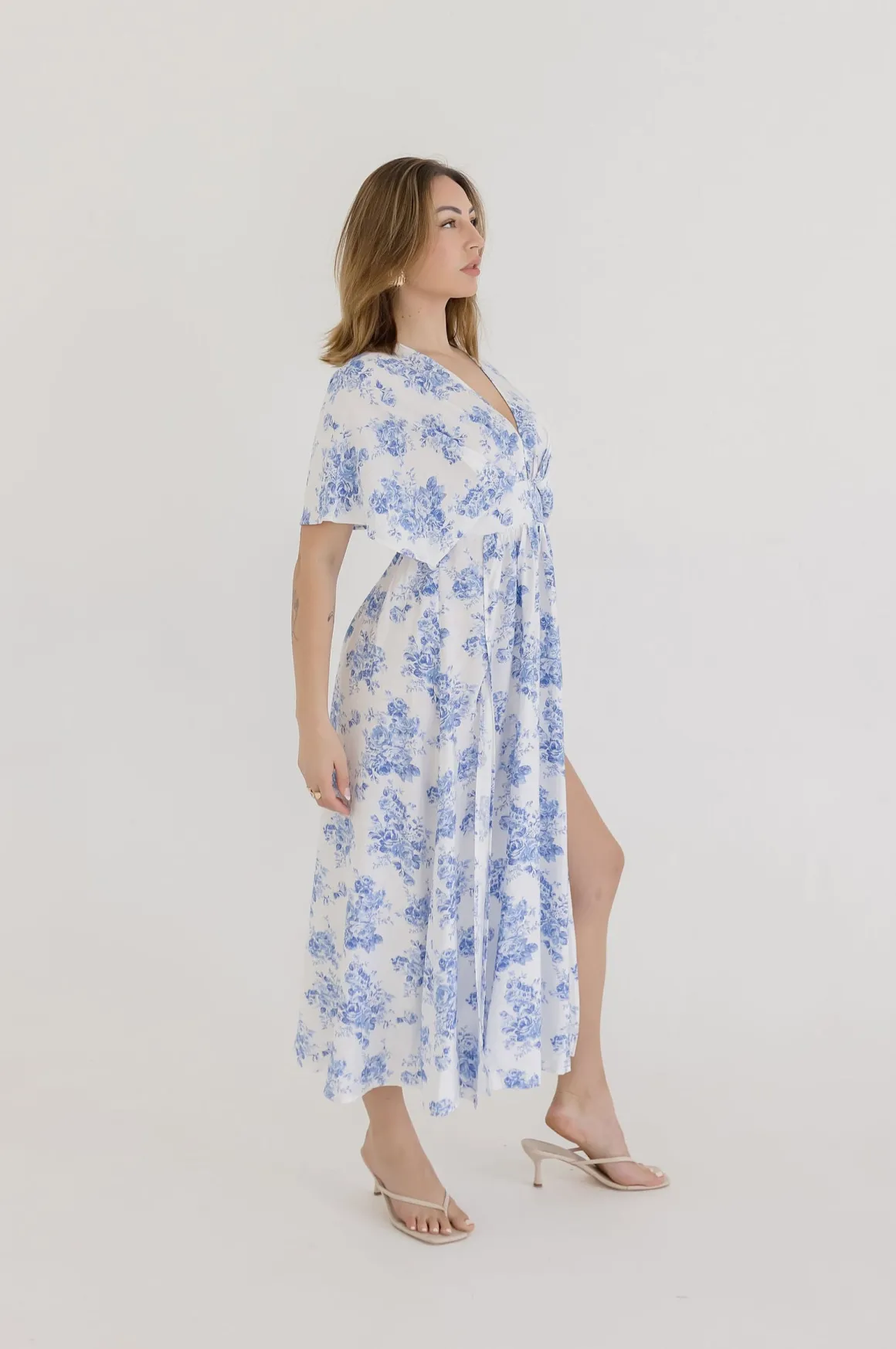 Debbie Kimono Sleeve Floral Print Maxi Dress Blue