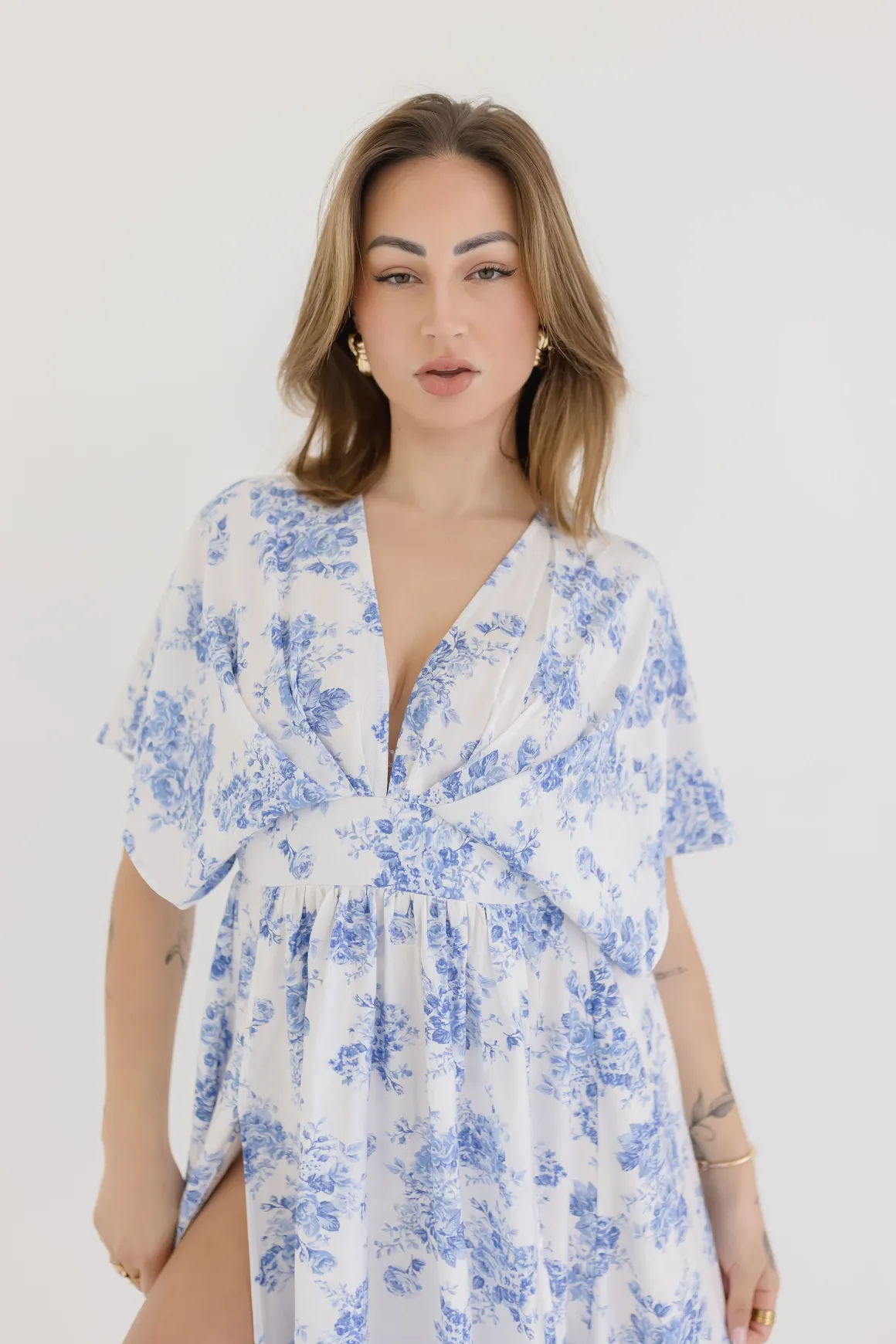 Debbie Kimono Sleeve Floral Print Maxi Dress Blue