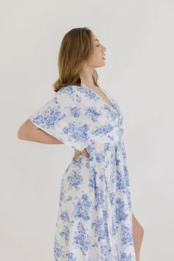 Debbie Kimono Sleeve Floral Print Maxi Dress Blue