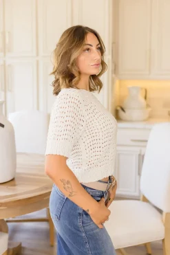 Deena Short Sleeve Crochet Top Beige