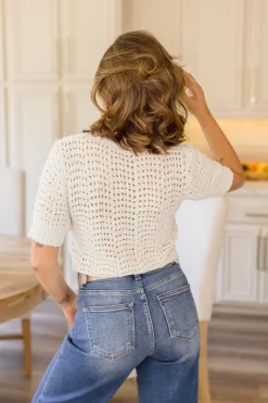 Deena Short Sleeve Crochet Top Beige