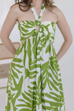 Desiree Sleeveless Halter Cut Out Tropical Print Maxi Dress Green