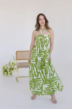 Desiree Sleeveless Halter Cut Out Tropical Print Maxi Dress Green