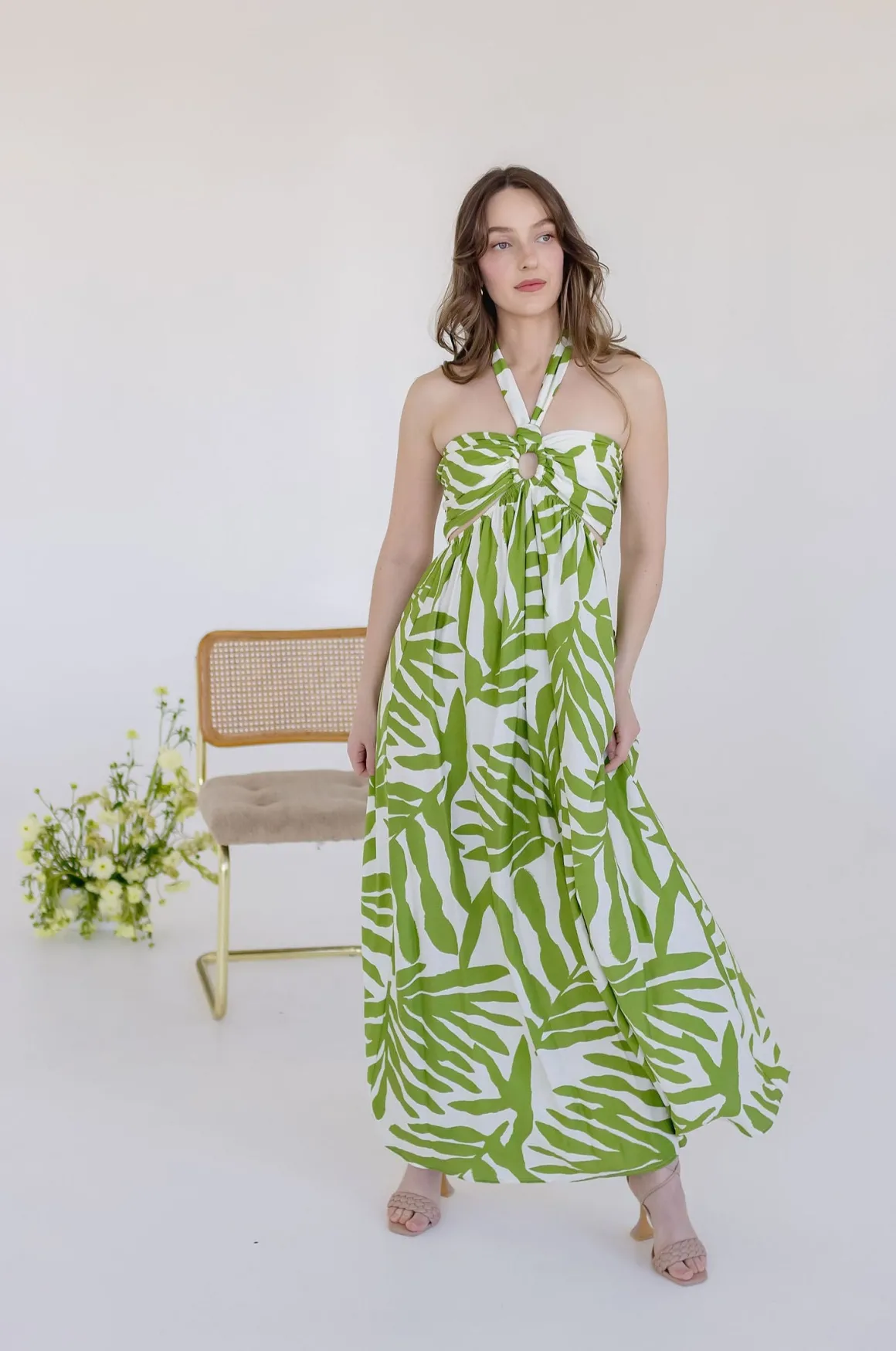 Desiree Sleeveless Halter Cut Out Tropical Print Maxi Dress Green