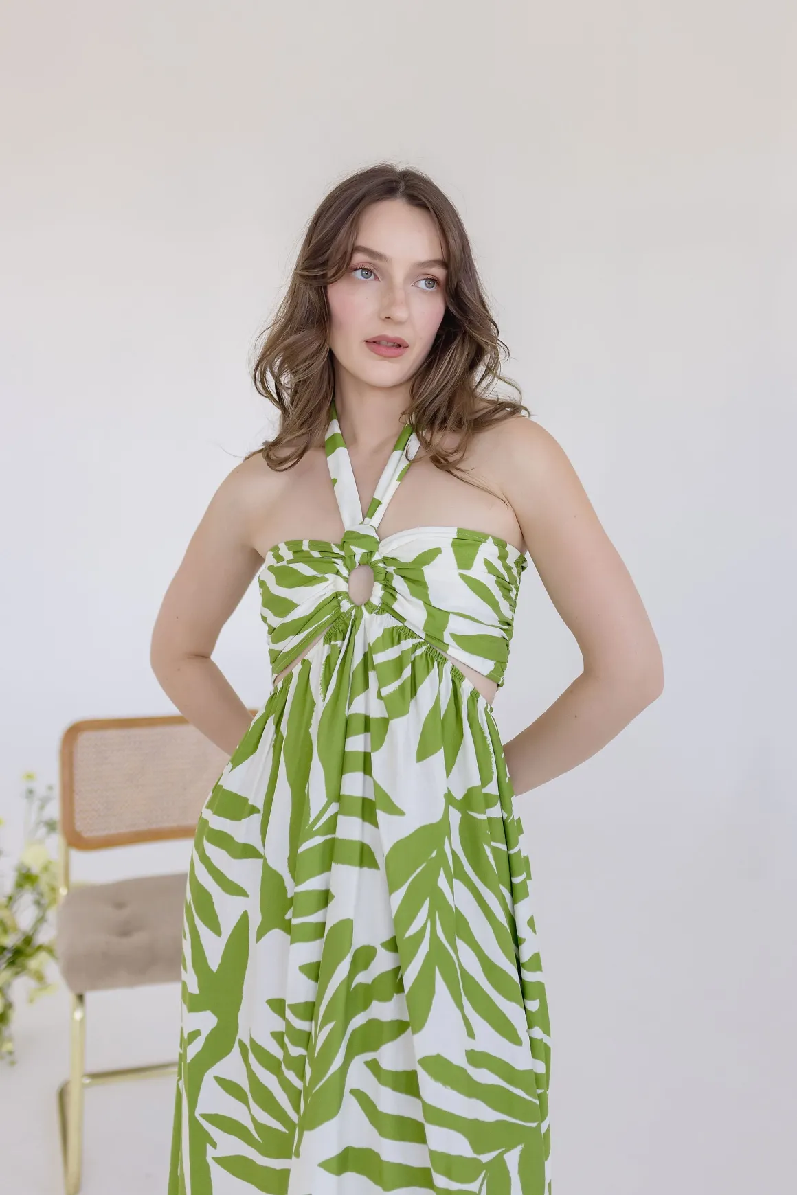 Desiree Sleeveless Halter Cut Out Tropical Print Maxi Dress Green