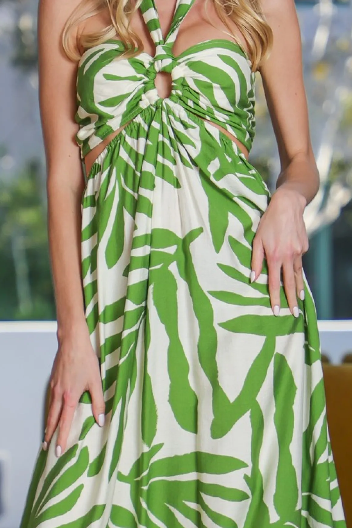 Desiree Sleeveless Halter Cut Out Tropical Print Maxi Dress Green